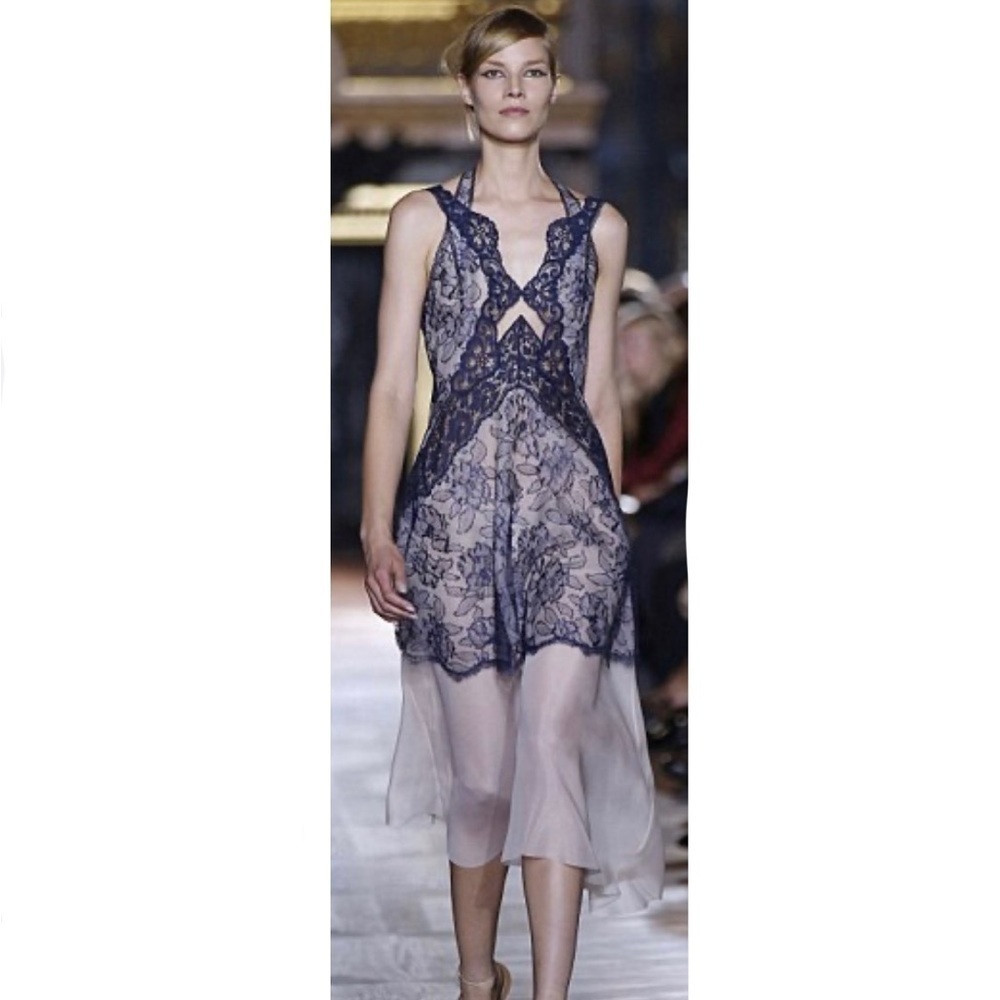 Stella McCartney Runway Floral Lace Slip Midi Dress Cocktail Party Silk Navy XS